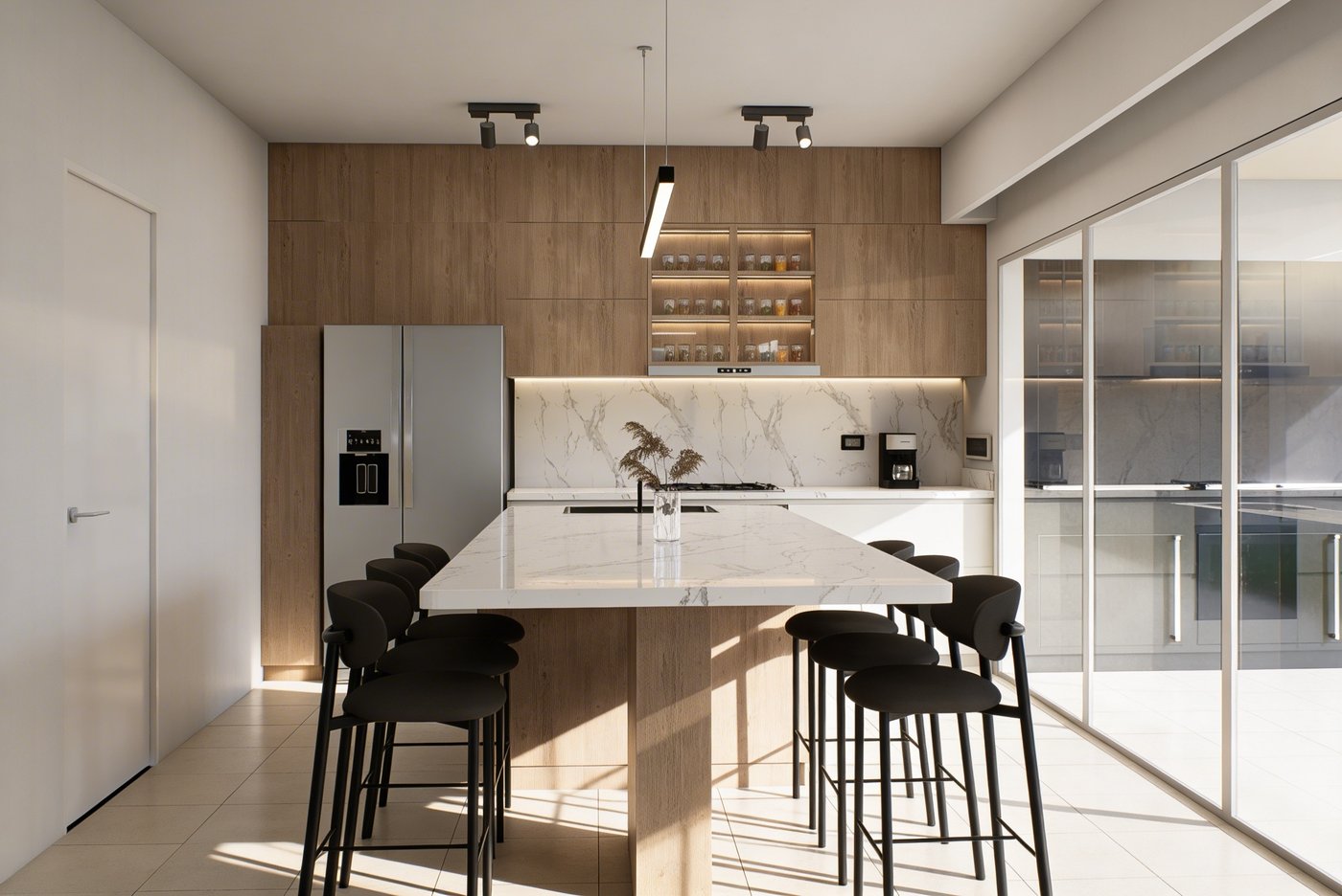 Render realista de una cocina en etapa de diseño, con isla de mármol y living-comedor integrado