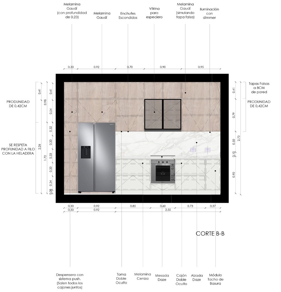 Lámina técnica de especificaciones de cocina, con medidas y detalles de materiales, parte de la documentación entregada al cliente